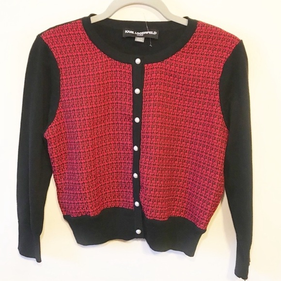 Karl Lagerfeld Red and Black Cropped Cardigan Sweater - Picture 2 of 6